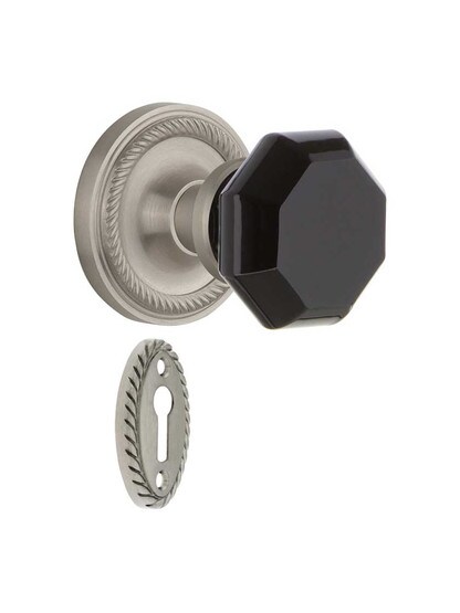 Rope Rosette Mortise Lock Set with Colored Waldorf Crystal Glass Knobs Black in Satin Nickel.